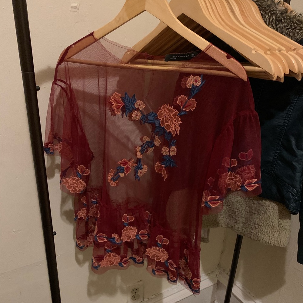Zara sheer peplum embroidered top